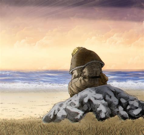 thorfinn sitting on rock.